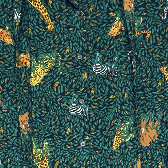 J Crew Emerald Green Safari Jungle Print Blouse w Attached Scarf / Bow Large - Picture 4 of 7